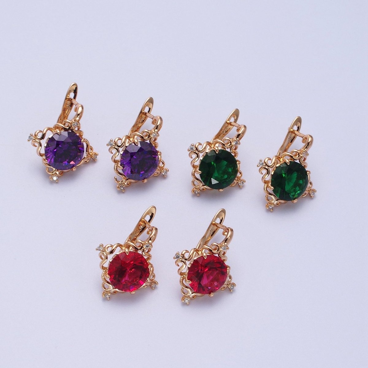 24K Gold Filled Green, Purple, Red Round Artisan Latch Back Earrings | AD-292~AD-294