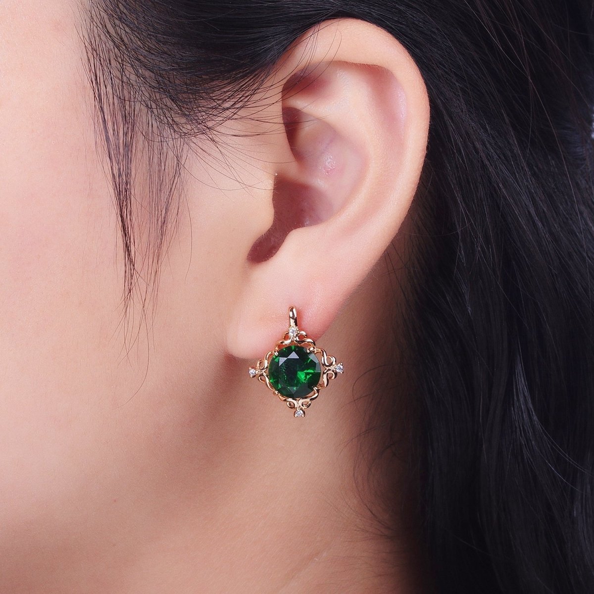 24K Gold Filled Green, Purple, Red Round Artisan Latch Back Earrings | AD-292~AD-294