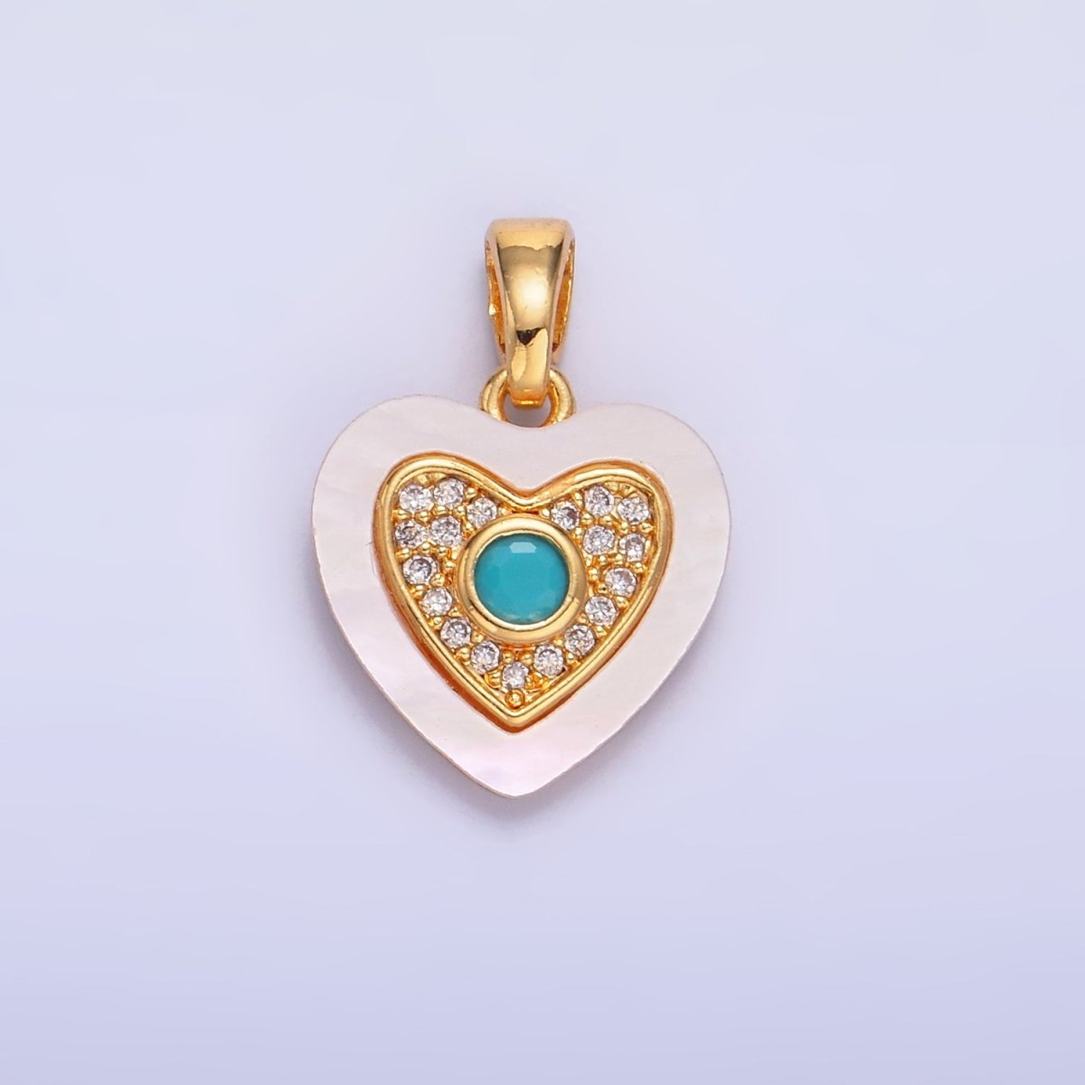24K Gold Filled Green, Red, Turquoise CZ Micro Paved Shell Pearl Heart Pendant | AA1064 AA1065