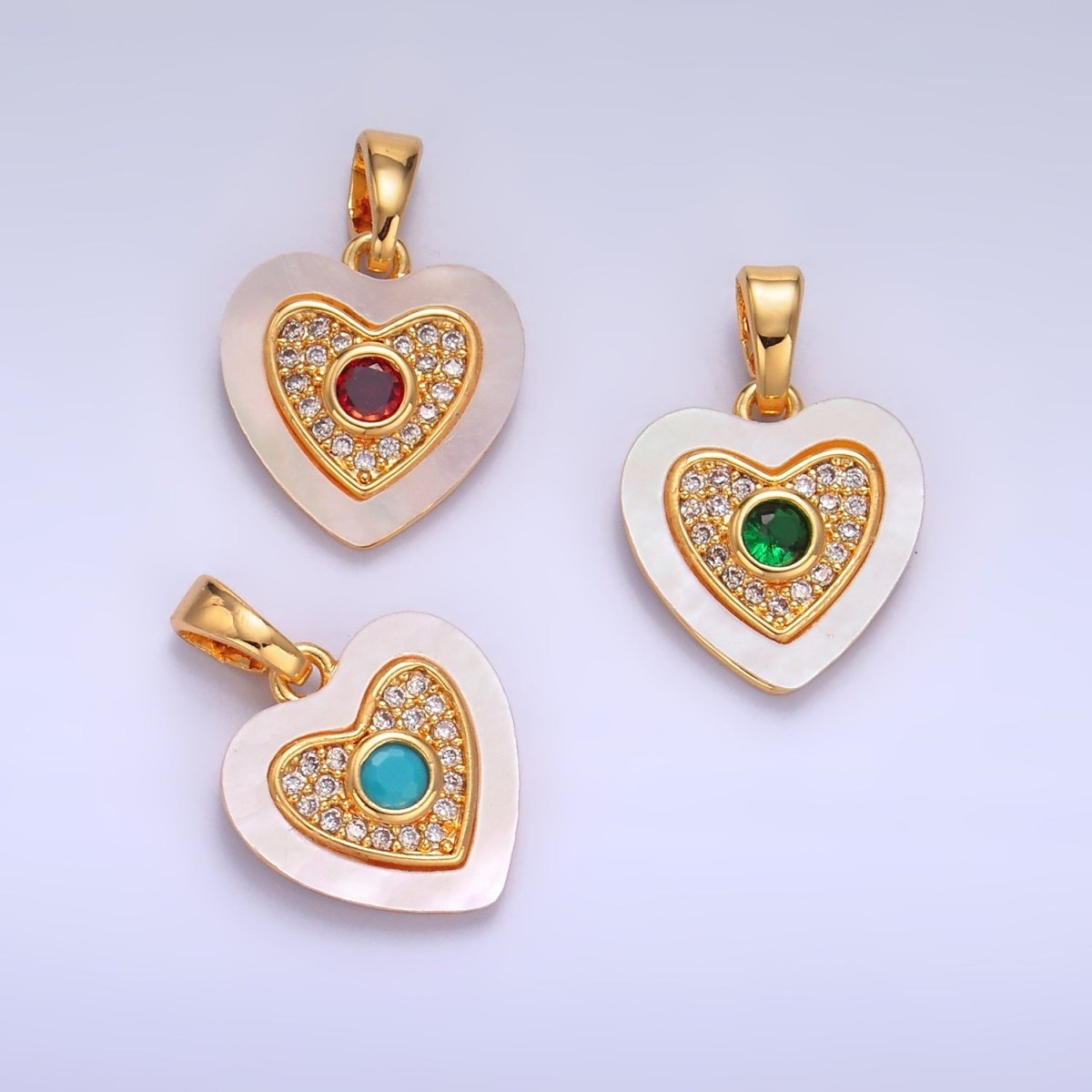 24K Gold Filled Green, Red, Turquoise CZ Micro Paved Shell Pearl Heart Pendant | AA1064 AA1065