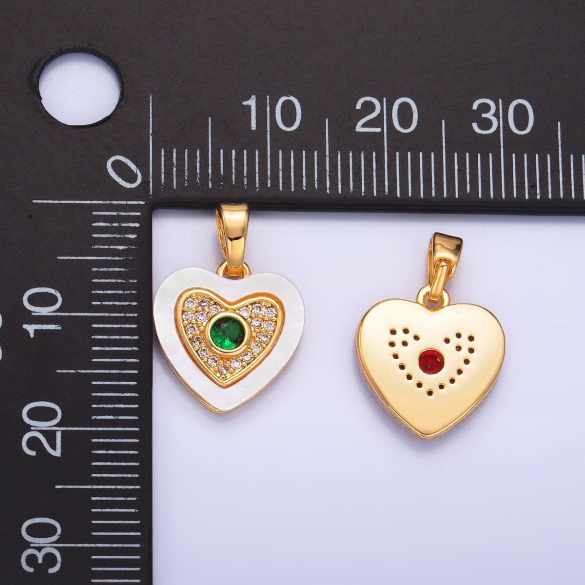 24K Gold Filled Green, Red, Turquoise CZ Micro Paved Shell Pearl Heart Pendant | AA1064 AA1065