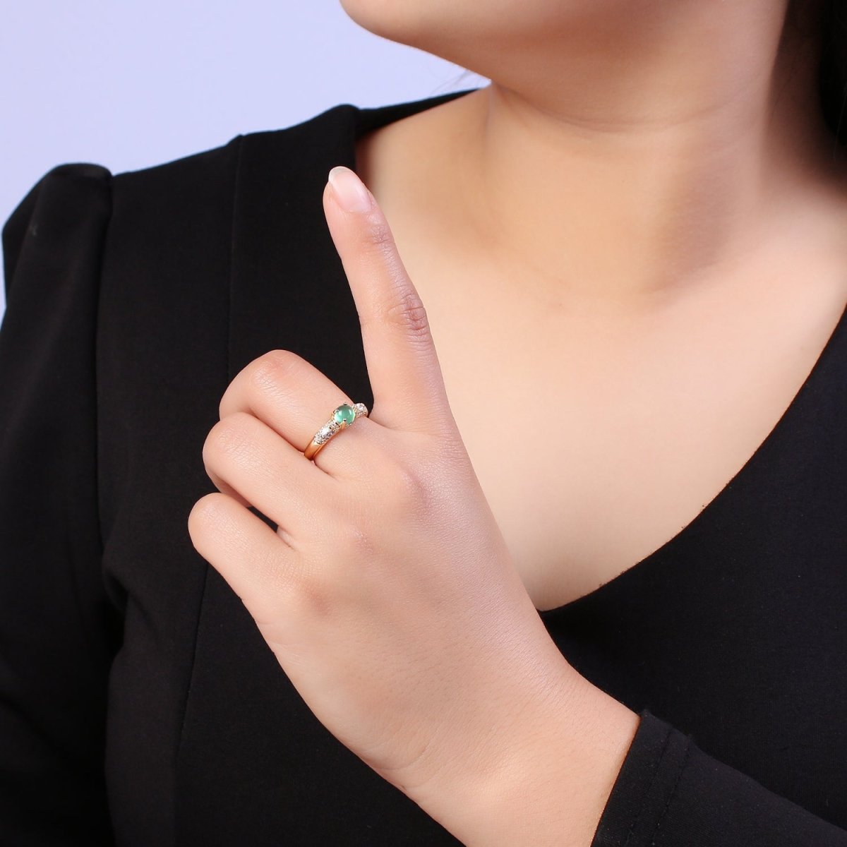 24K Gold Filled Green Stone on Micro Pave CZ Crystal Cubic Zirconia Adjustable Open Ring S-355 - DLUXCA