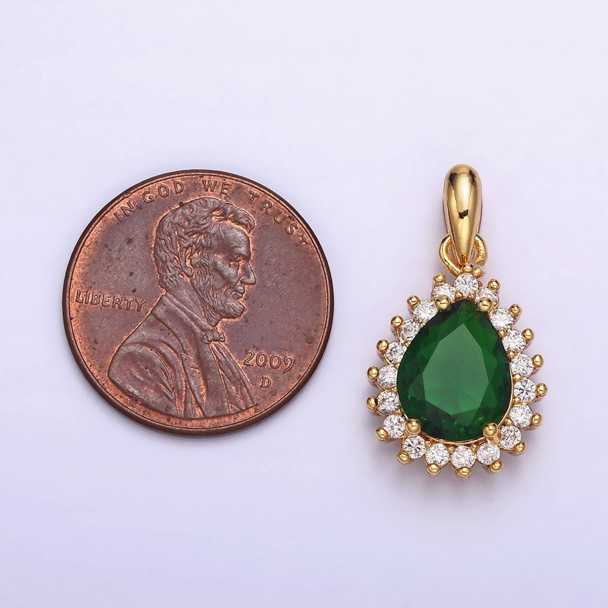 24K Gold Filled Green Teardrop Clear CZ Lined Pendant | AA602 - DLUXCA