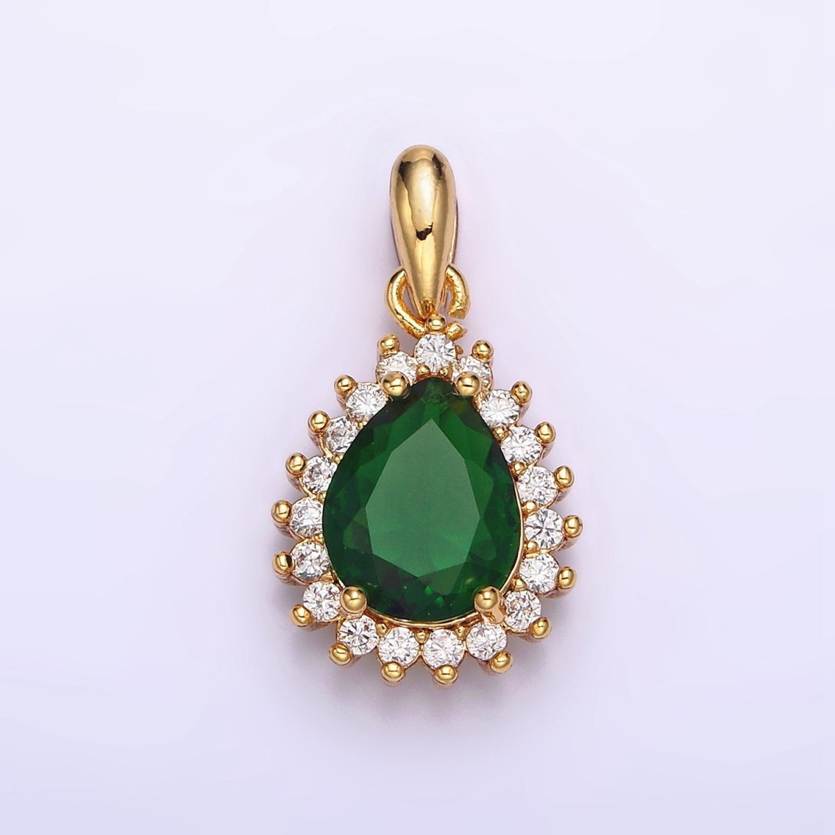 24K Gold Filled Green Teardrop Clear CZ Lined Pendant | AA602 - DLUXCA