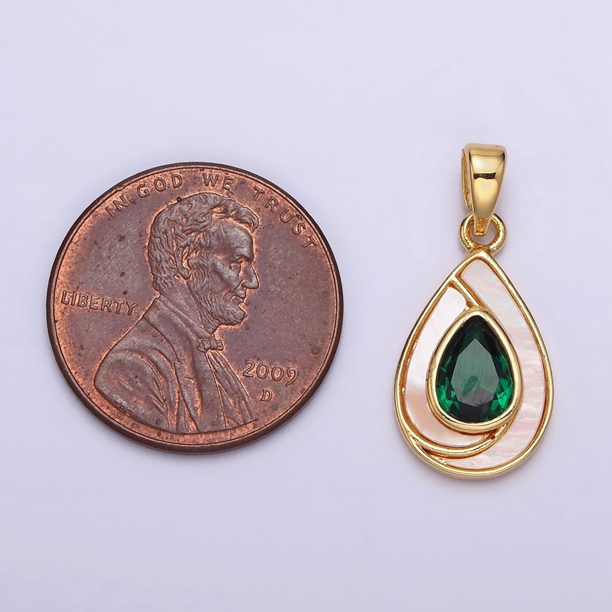 24K Gold Filled Green Teardrop CZ Shell Pearl Lined Pendant | AA579 - DLUXCA