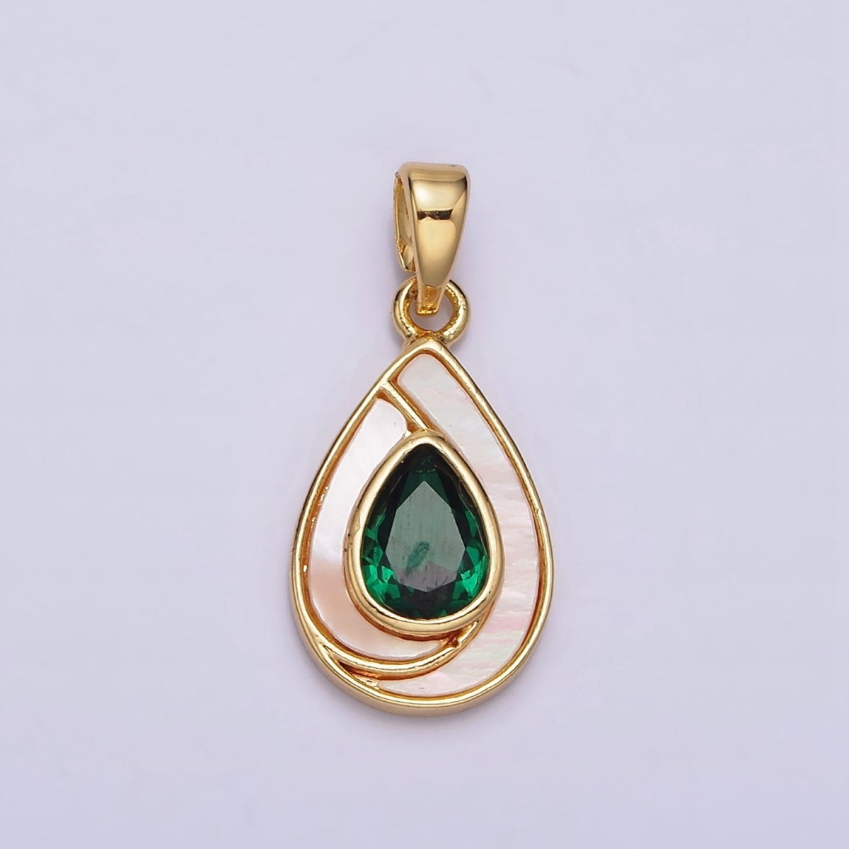 24K Gold Filled Green Teardrop CZ Shell Pearl Lined Pendant | AA579 - DLUXCA