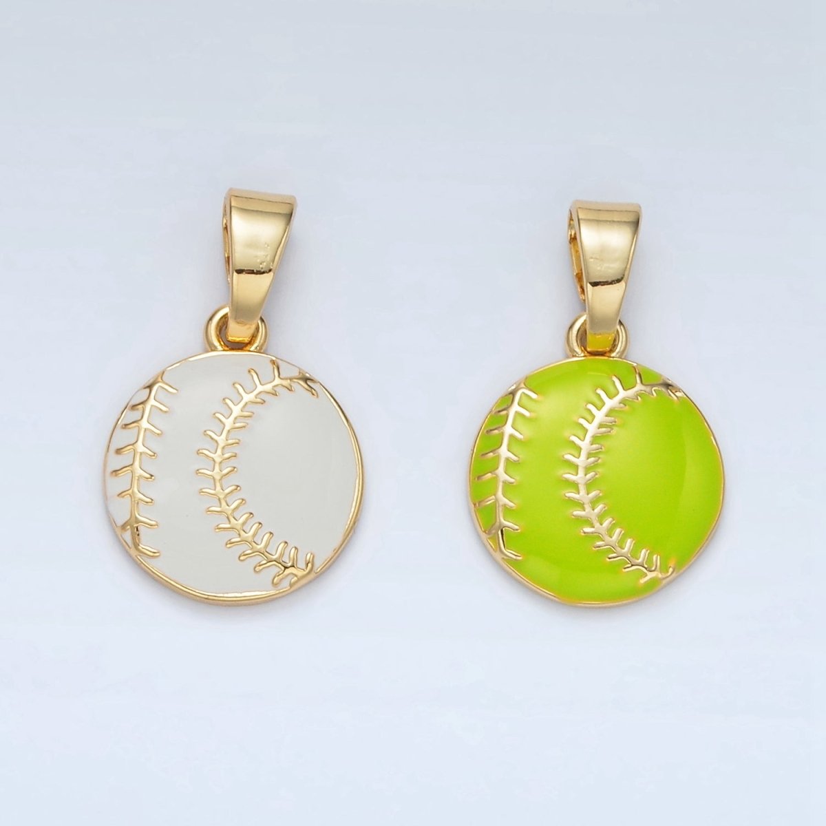 24K Gold Filled Green Tennis Ball, White Baseball Enamel Pendant | I451