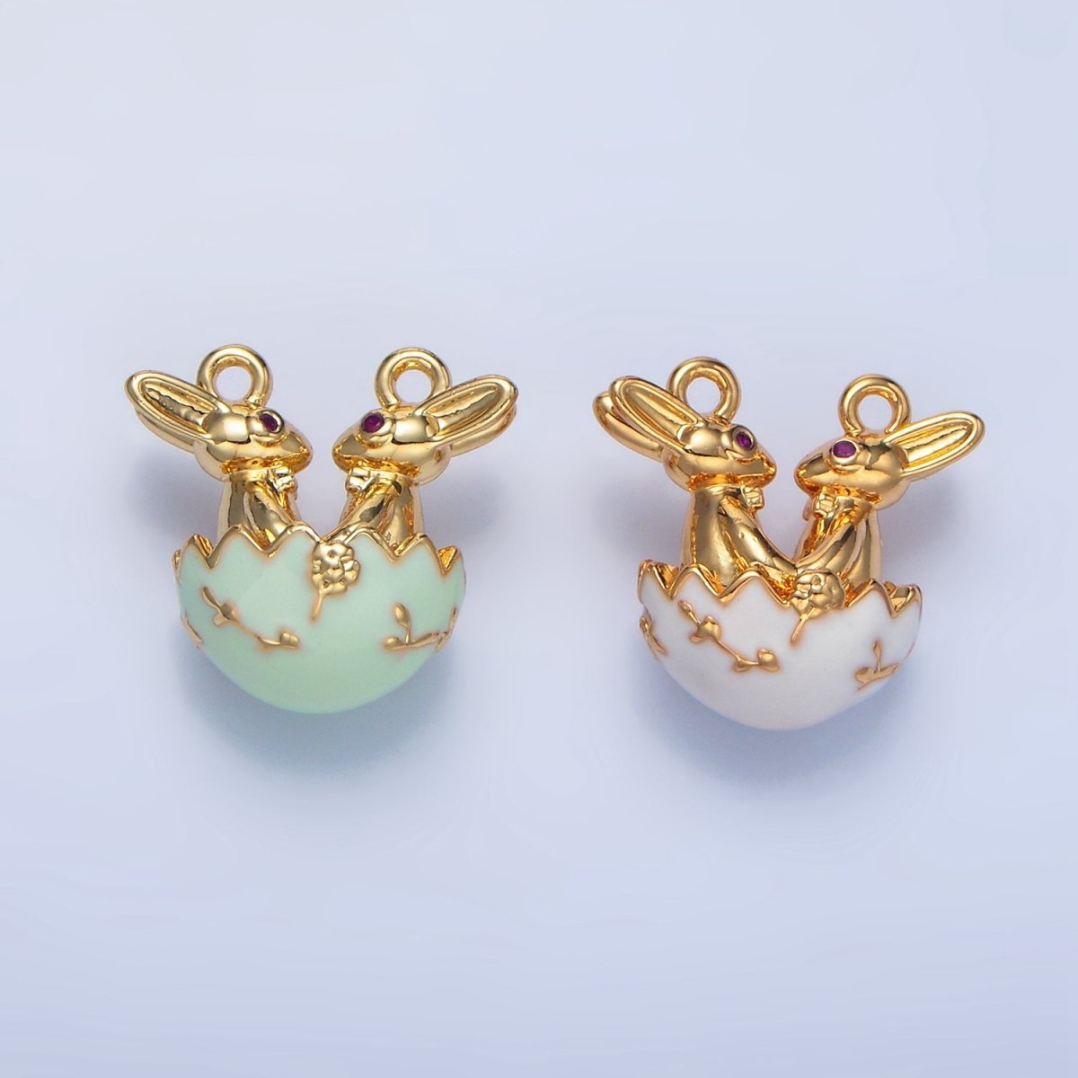 24K Gold Filled Green, White Egg Flower Easter Bunny CZ Connector | G-499