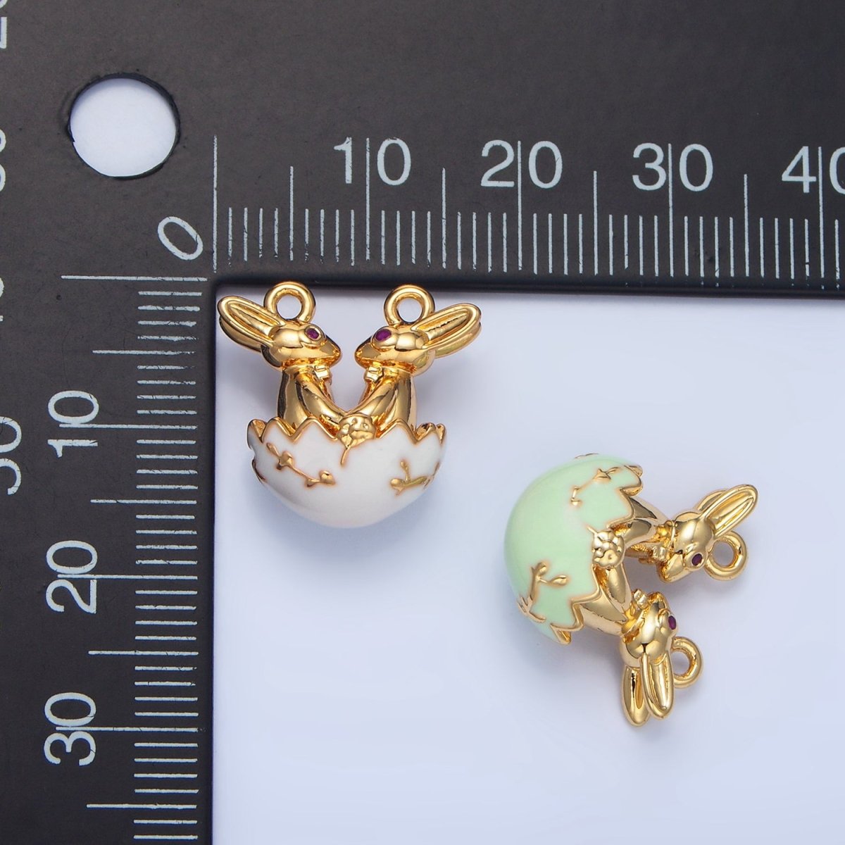 24K Gold Filled Green, White Egg Flower Easter Bunny CZ Connector | G-499