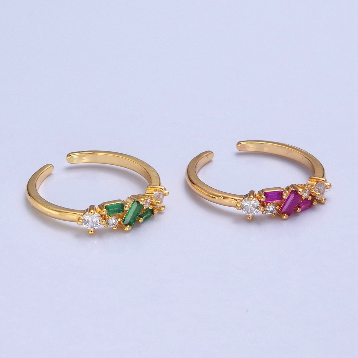 24K Gold Filled Green/Fuchsia CZ Promise Ring, Round & Baguette Cubic Zirconia Ring O-2287 O-2288