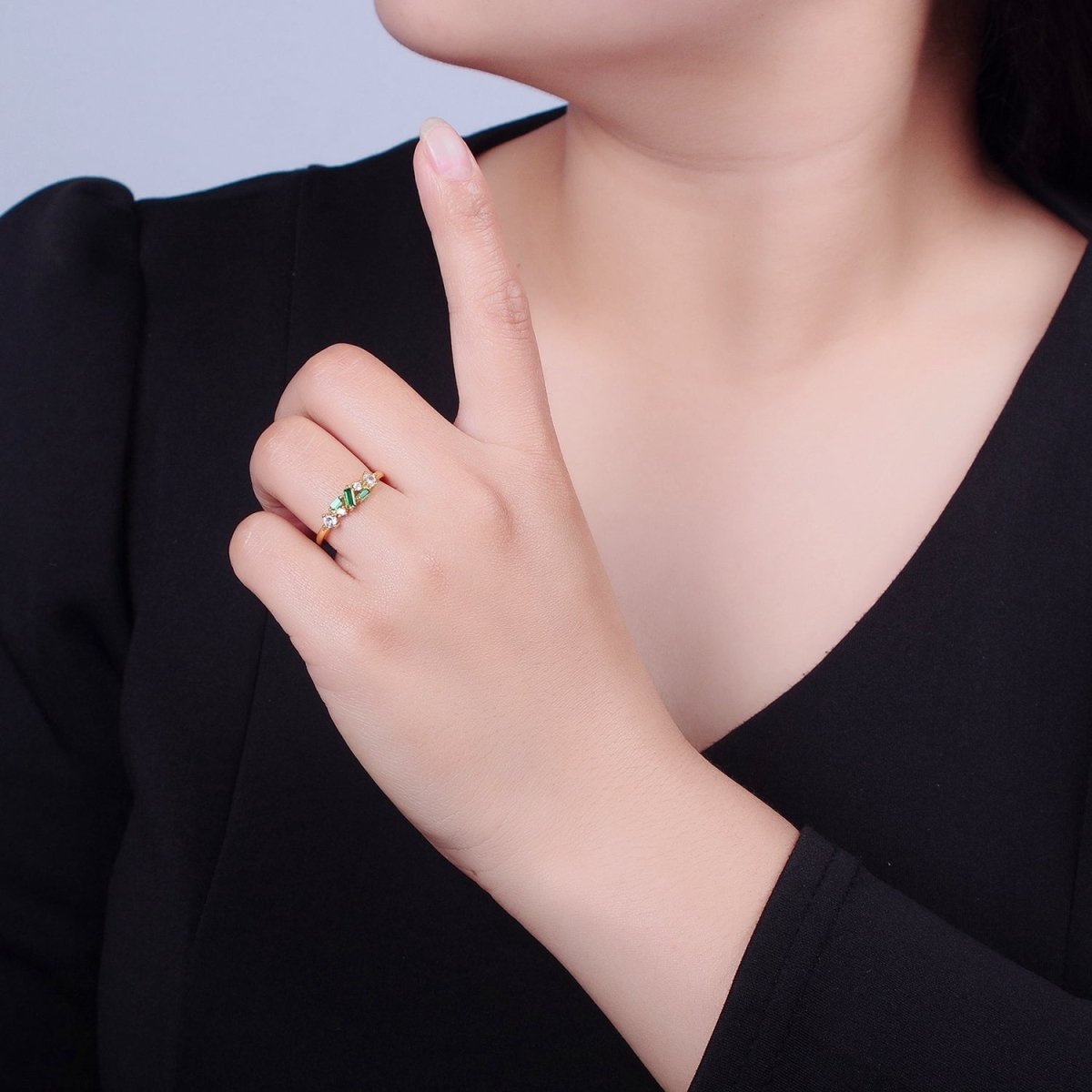 24K Gold Filled Green/Fuchsia CZ Promise Ring, Round & Baguette Cubic Zirconia Ring O-2287 O-2288