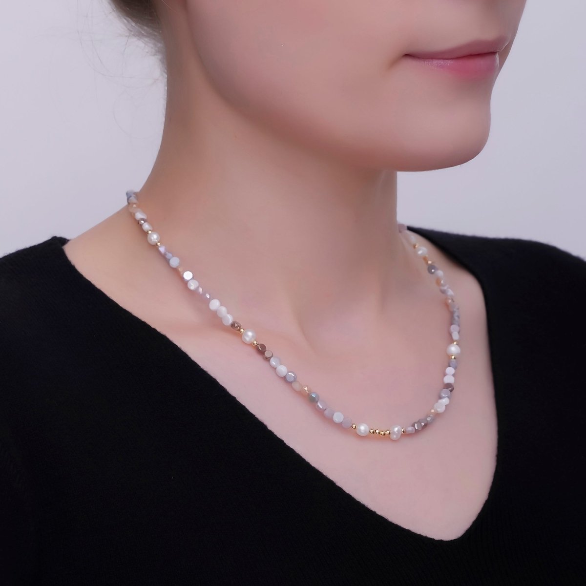 24K Gold Filled Grey Multifaceted Gemstone 17 Inch Necklace | WA - 2974 - DLUXCA