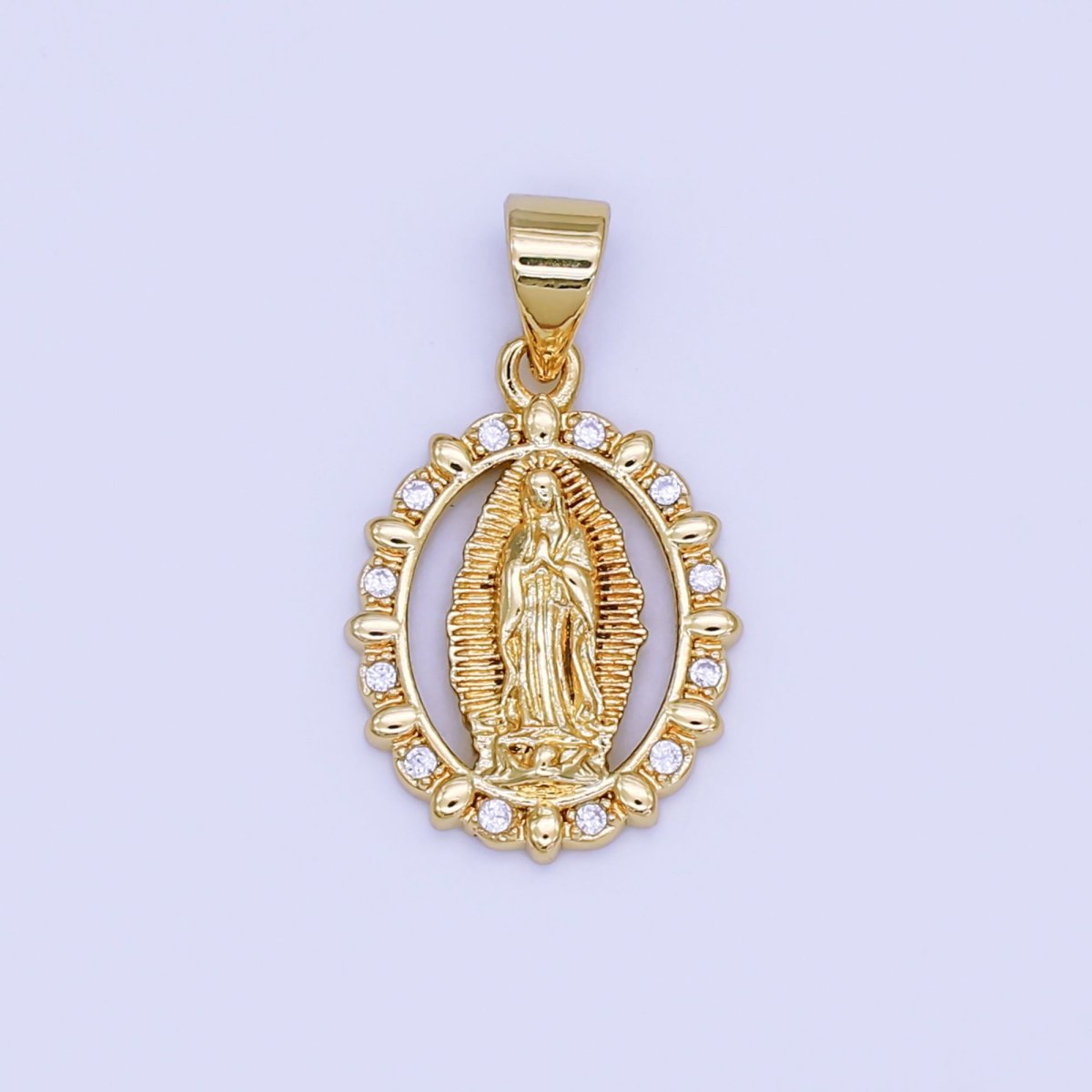 24K Gold Filled Guadalupe Mary Open Oval CZ Pendant | AH450 - DLUXCA