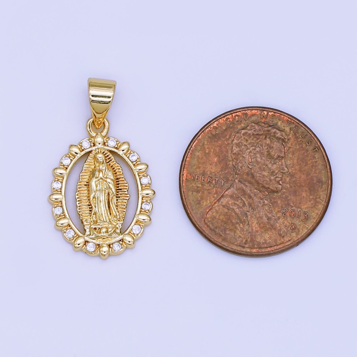 24K Gold Filled Guadalupe Mary Open Oval CZ Pendant | AH450 - DLUXCA