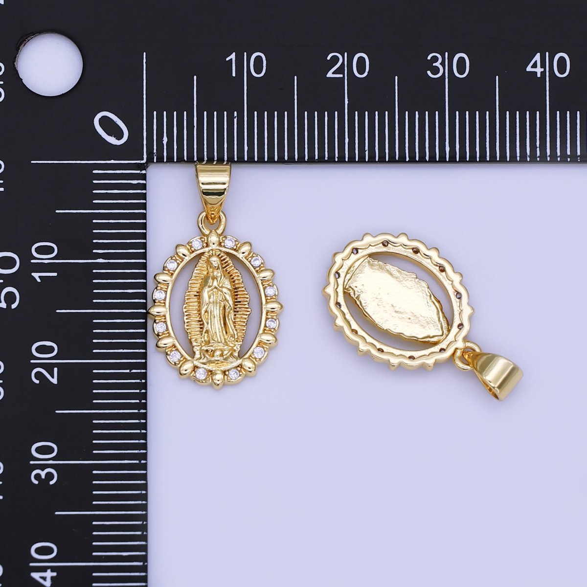 24K Gold Filled Guadalupe Mary Open Oval CZ Pendant | AH450 - DLUXCA