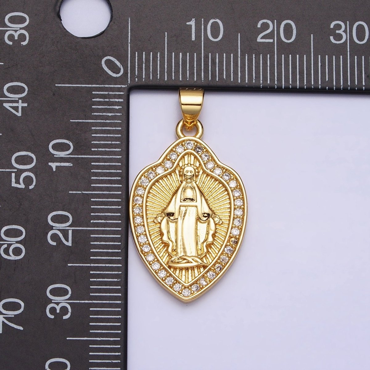 24K Gold Filled Guadalupe Virgin Mary Line Textured Shield Micro Paved CZ Pendant | AA207 - DLUXCA