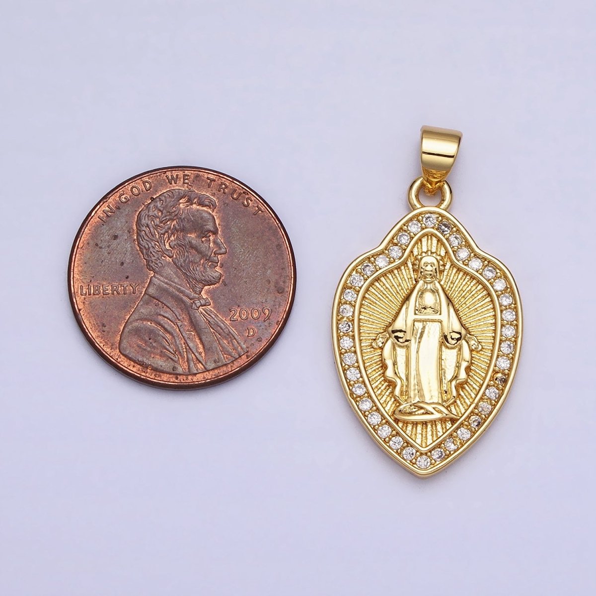24K Gold Filled Guadalupe Virgin Mary Line Textured Shield Micro Paved CZ Pendant | AA207 - DLUXCA