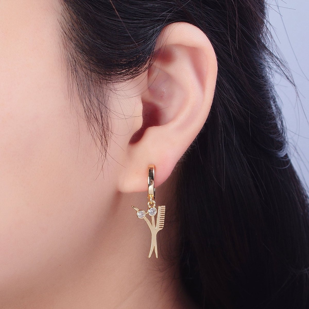 24K Gold Filled Hairdresser Barber Tools Scissors & Comb CZ Charm Dangle Huggie Hoop Earrings P-435 - DLUXCA