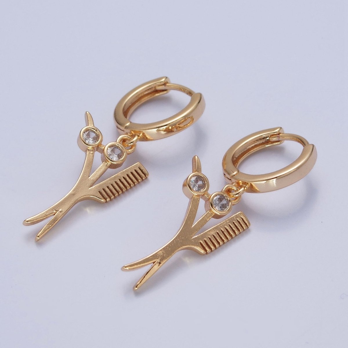 24K Gold Filled Hairdresser Barber Tools Scissors & Comb CZ Charm Dangle Huggie Hoop Earrings P-435 - DLUXCA