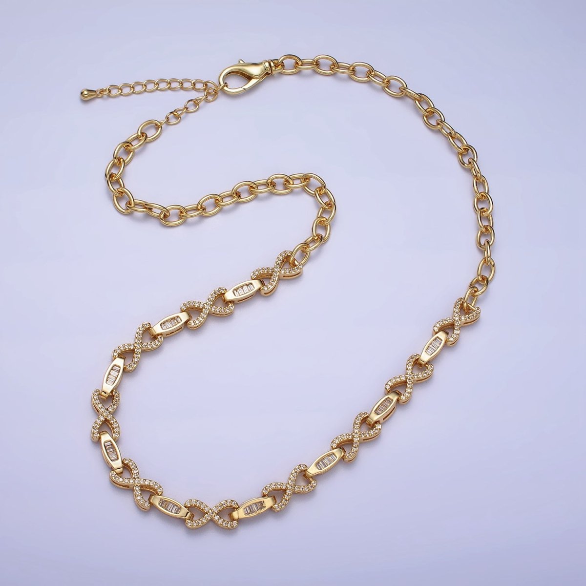 24k Gold Filled Half 6.5mm Designed Figure Eight Baguette Cable Link 17 Inch Necklace in Silver & Gold | WA-1616 WA-1678 Clearance Pricing