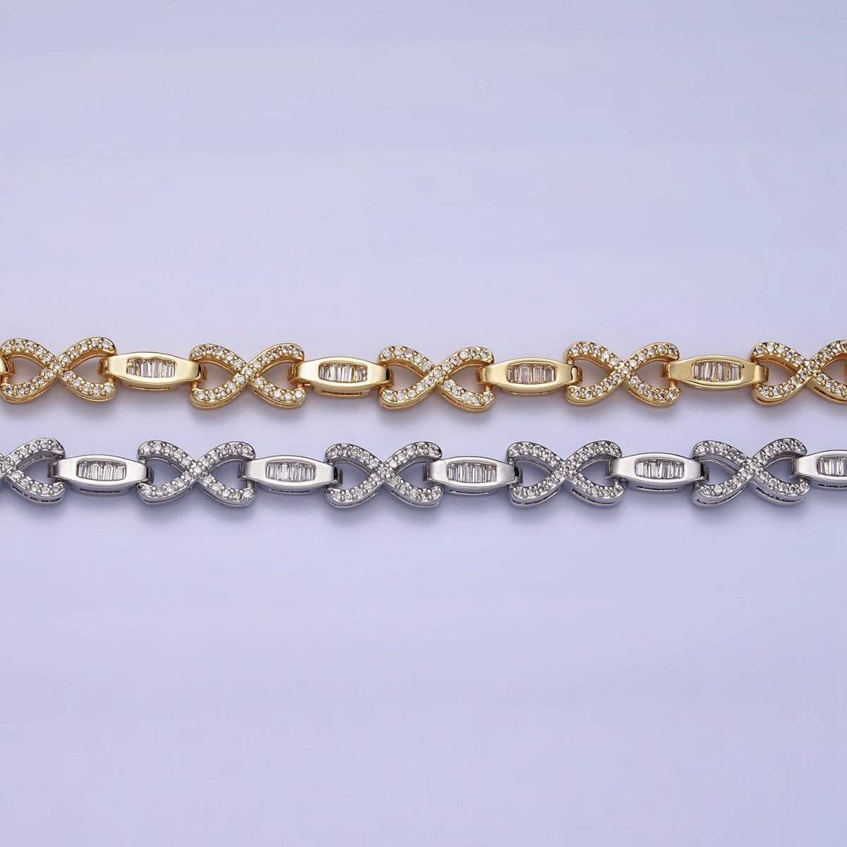 24k Gold Filled Half 6.5mm Designed Figure Eight Baguette Cable Link 17 Inch Necklace in Silver & Gold | WA-1616 WA-1678 Clearance Pricing