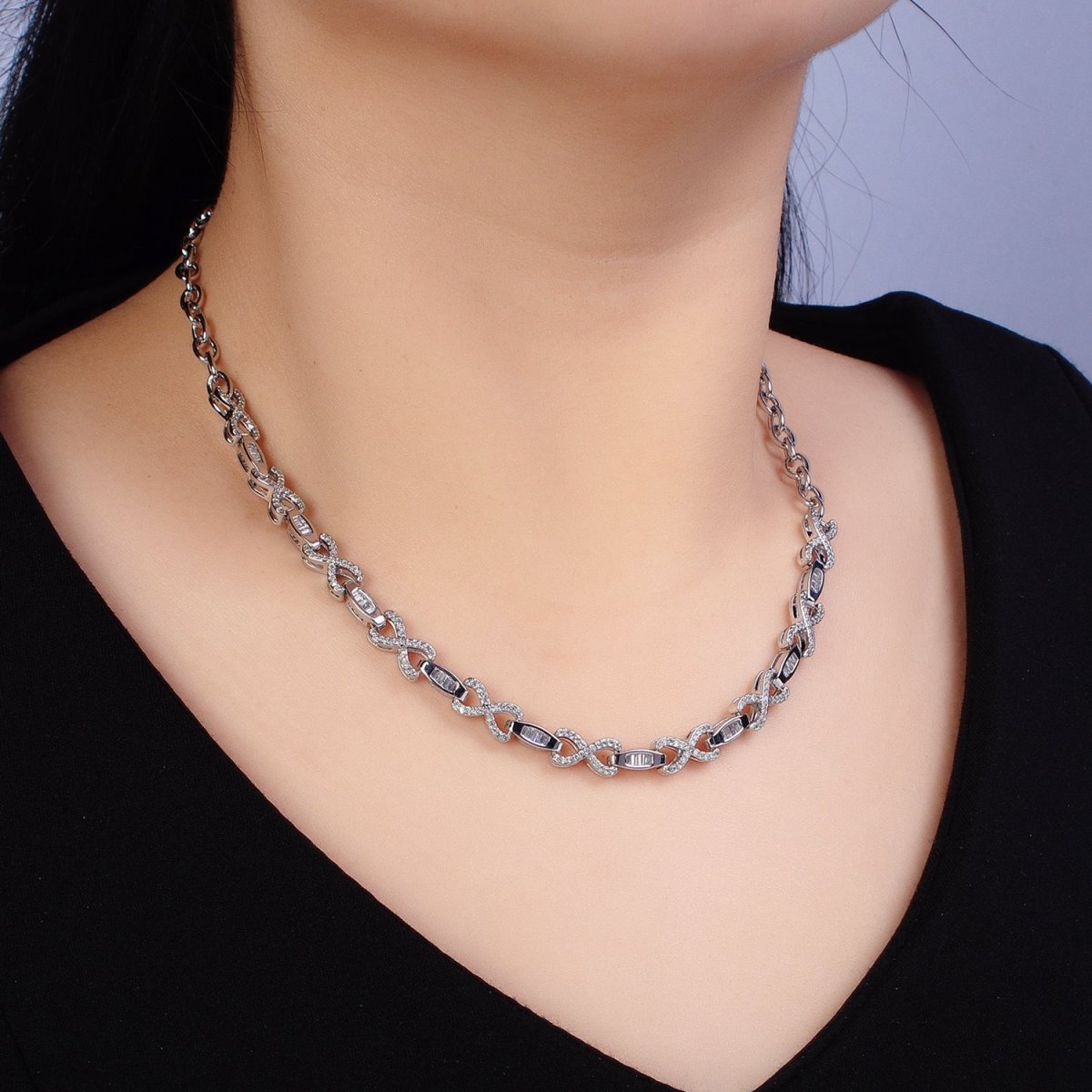 24k Gold Filled Half 6.5mm Designed Figure Eight Baguette Cable Link 17 Inch Necklace in Silver & Gold | WA-1616 WA-1678 Clearance Pricing