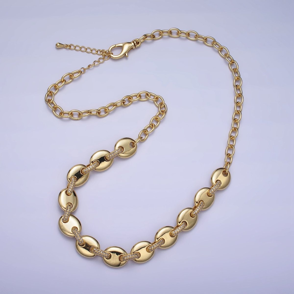 24K Gold Filled Half Anchor Micro Paved CZ Cable Link 17 Inch Chain Necklace | WA-1608 WA-1609 Clearance Pricing