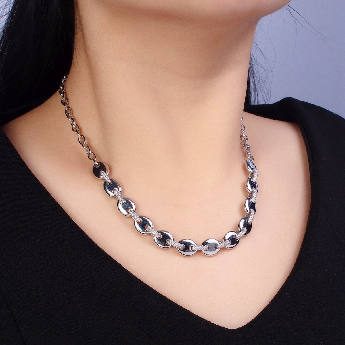 24K Gold Filled Half Anchor Micro Paved CZ Cable Link 17 Inch Chain Necklace | WA-1608 WA-1609 Clearance Pricing