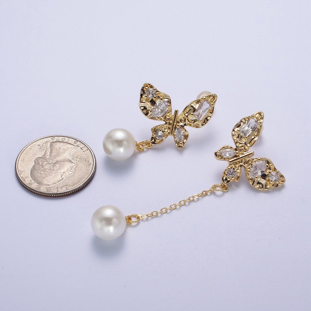 24K Gold Filled Hammered Butterfly Clear Cubic Zirconia Wings Pearl Charm Dangle Drop Stud Earrings | Y-034 - DLUXCA