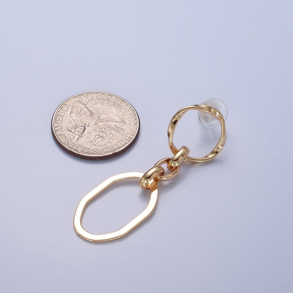 24K Gold Filled Hammered Oval Chain Link Dangle Stud Earrings P-310 - DLUXCA