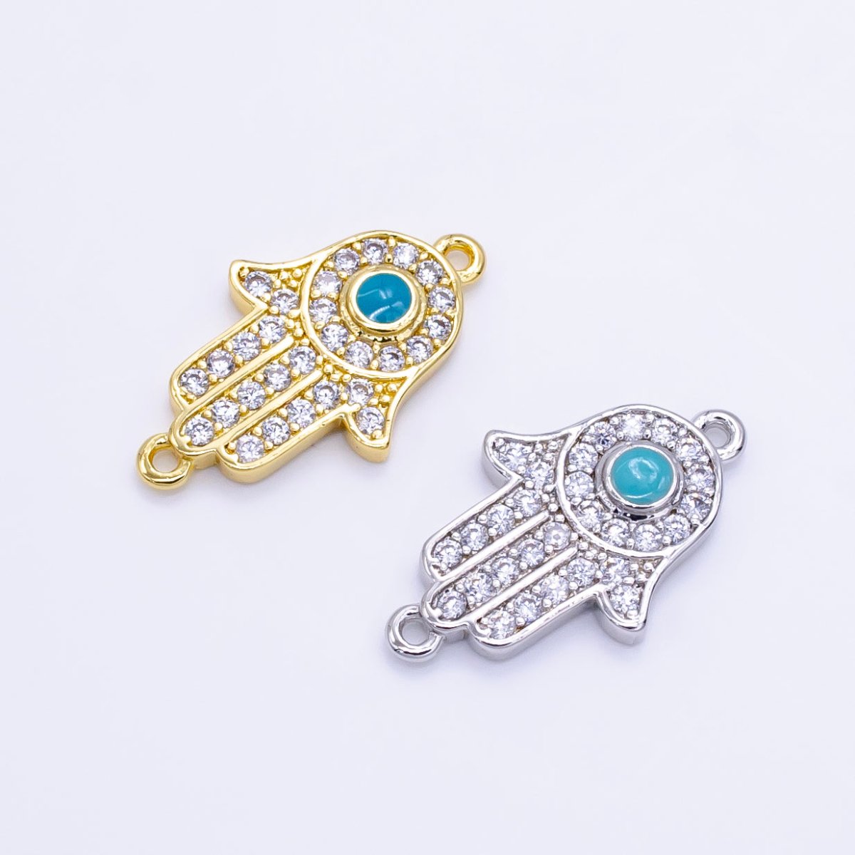 24K Gold Filled Hamsa Hand Turquoise Micro Paved CZ Connector in Gold & Silver | F023