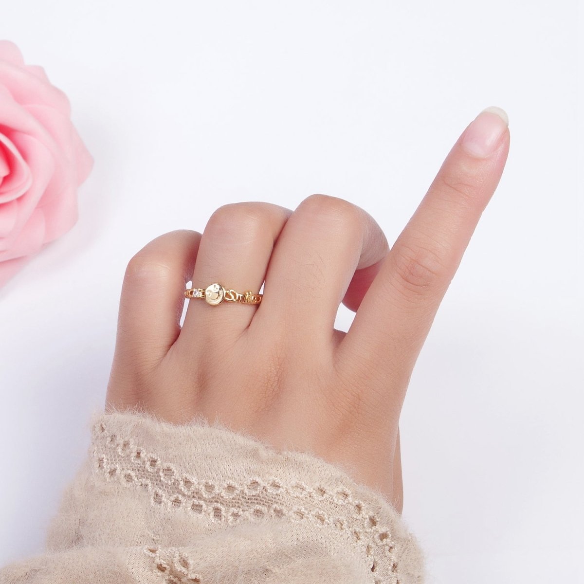 24K Gold Filled Happy Face & Smile Script with Cubic Zirconia Adjustable Gold Ring | X-580 - DLUXCA