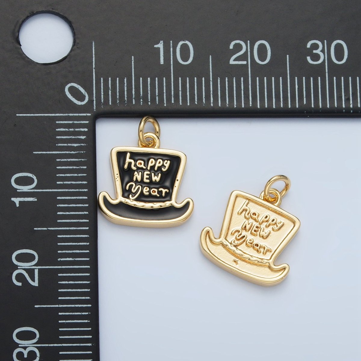 24K Gold Filled "Happy New Year" Enamel Top Hat Charm in Gold & Silver | N502