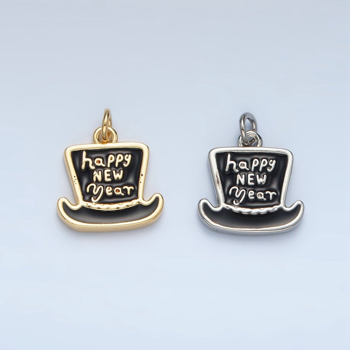 24K Gold Filled "Happy New Year" Enamel Top Hat Charm in Gold & Silver | N502
