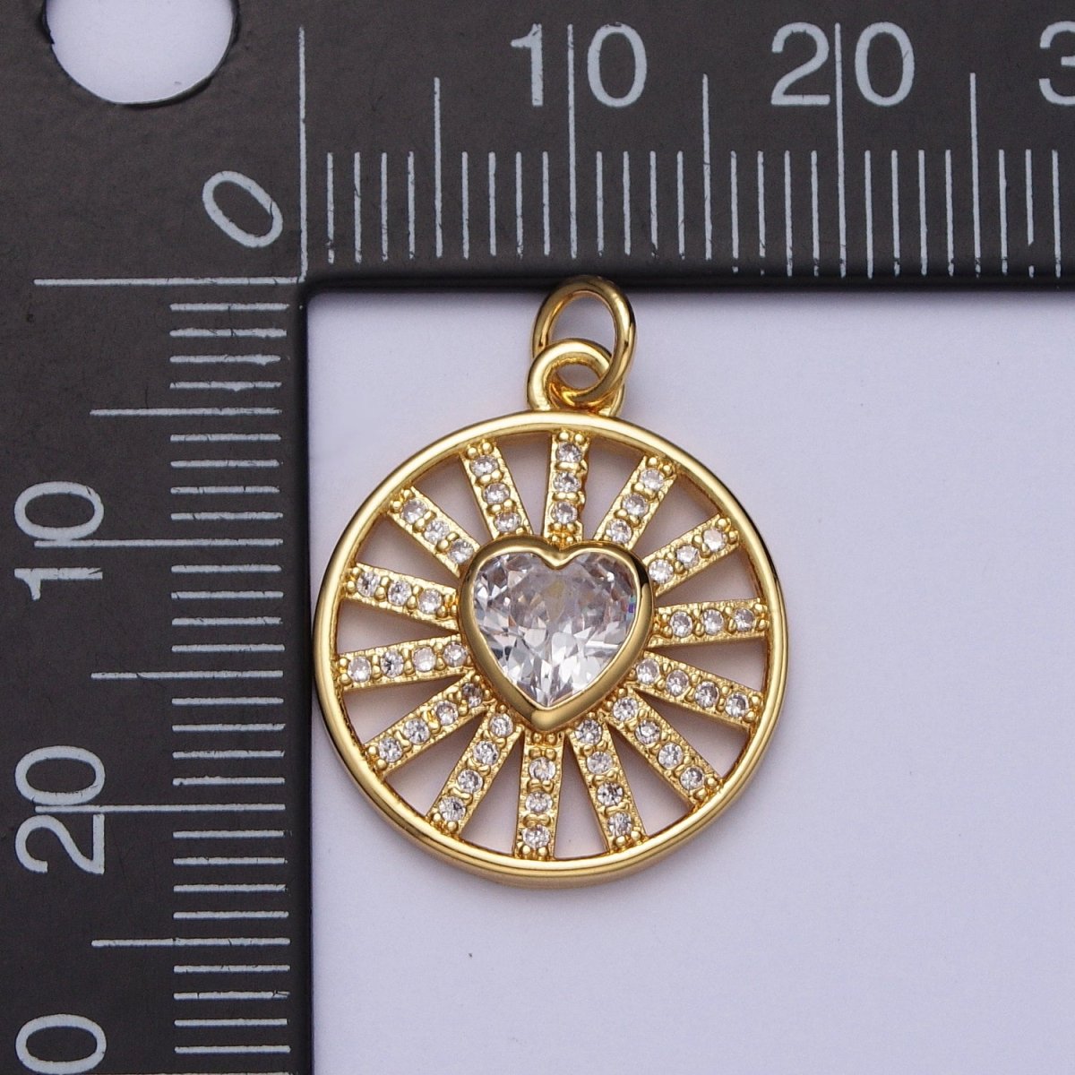 24k Gold Filled Heart Charm Micro Paved CZ Radiant Round Coin Disc Charm E-452 - DLUXCA