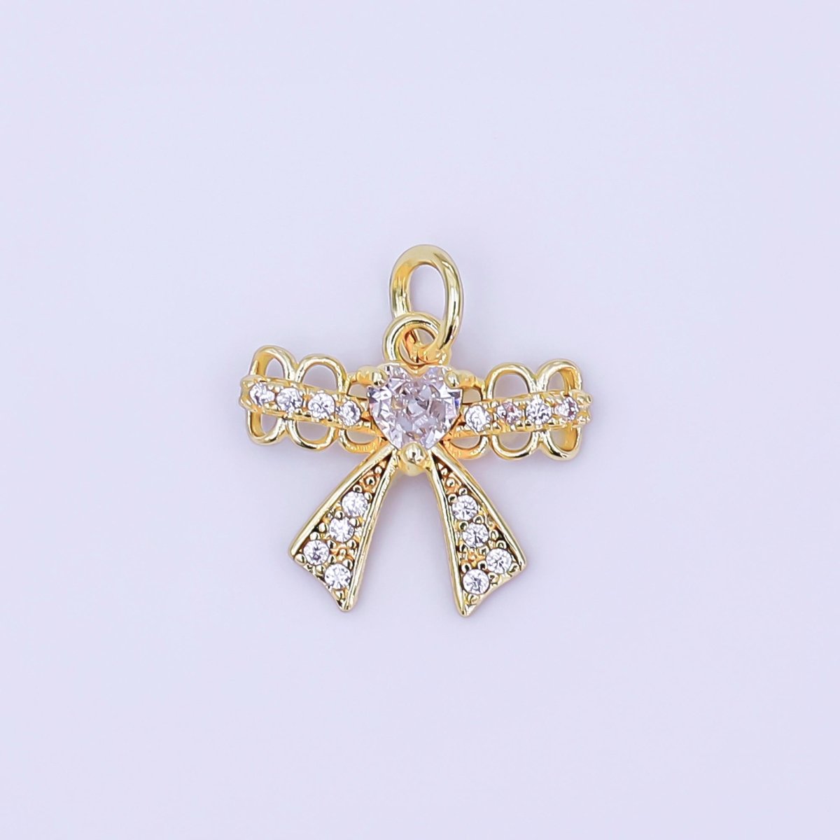 24K Gold Filled Heart CZ Micro Paved Bow Ribbon Charm | AJ297 - DLUXCA