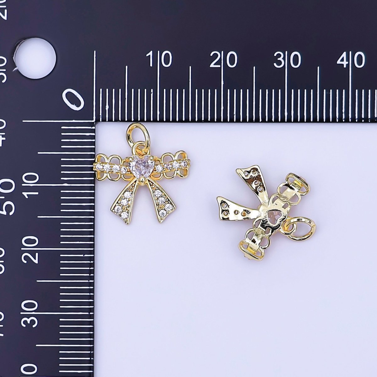 24K Gold Filled Heart CZ Micro Paved Bow Ribbon Charm | AJ297 - DLUXCA