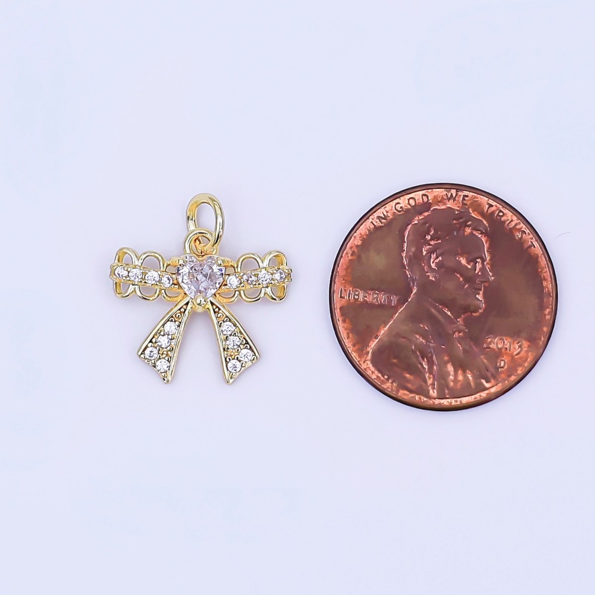 24K Gold Filled Heart CZ Micro Paved Bow Ribbon Charm | AJ297 - DLUXCA