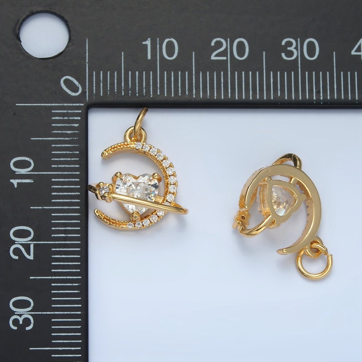24K Gold Filled Heart CZ Micro Paved Celestial Planet Crescent Moon Charm | E741 - DLUXCA