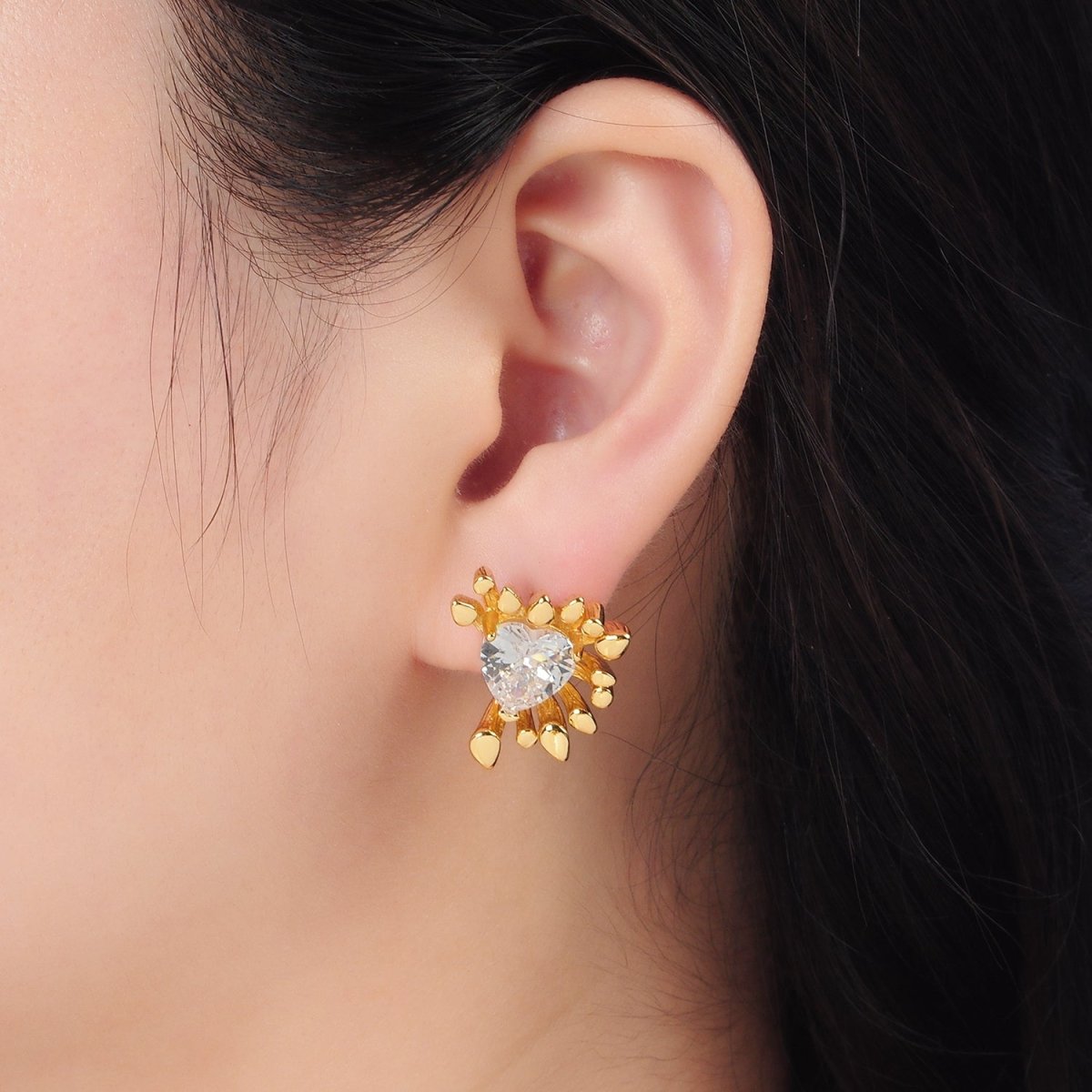 24K Gold Filled Heart CZ Multiple Band Stud Earrings Set | T362 - DLUXCA