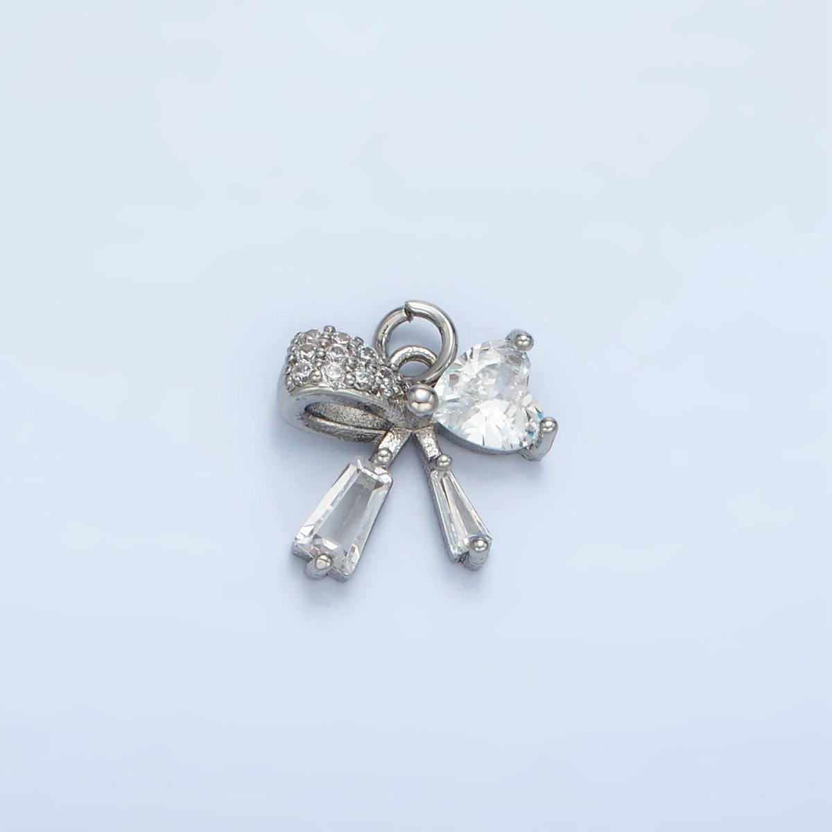 24K Gold Filled Heart CZ Ribbon Baguette Charm in Gold & Silver | E386