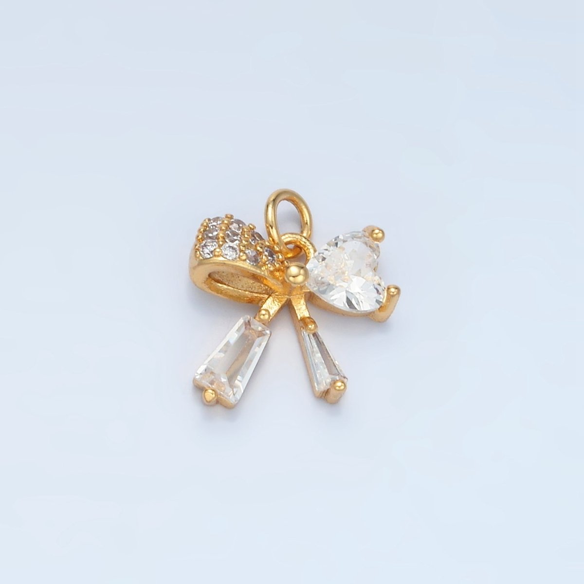 24K Gold Filled Heart CZ Ribbon Baguette Charm in Gold & Silver | E386
