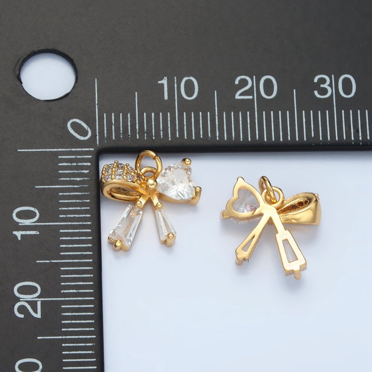 24K Gold Filled Heart CZ Ribbon Baguette Charm in Gold & Silver | E386