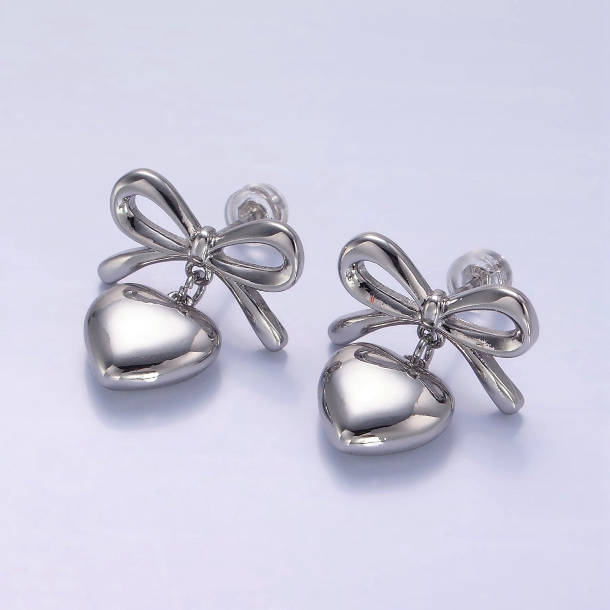 24K Gold Filled Heart Drop Ribbon Bow Stud Earrings in Gold & Silver | V069 V070