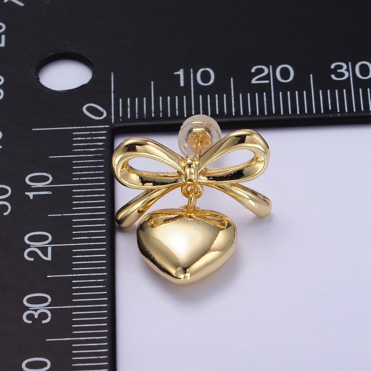 24K Gold Filled Heart Drop Ribbon Bow Stud Earrings in Gold & Silver | V069 V070