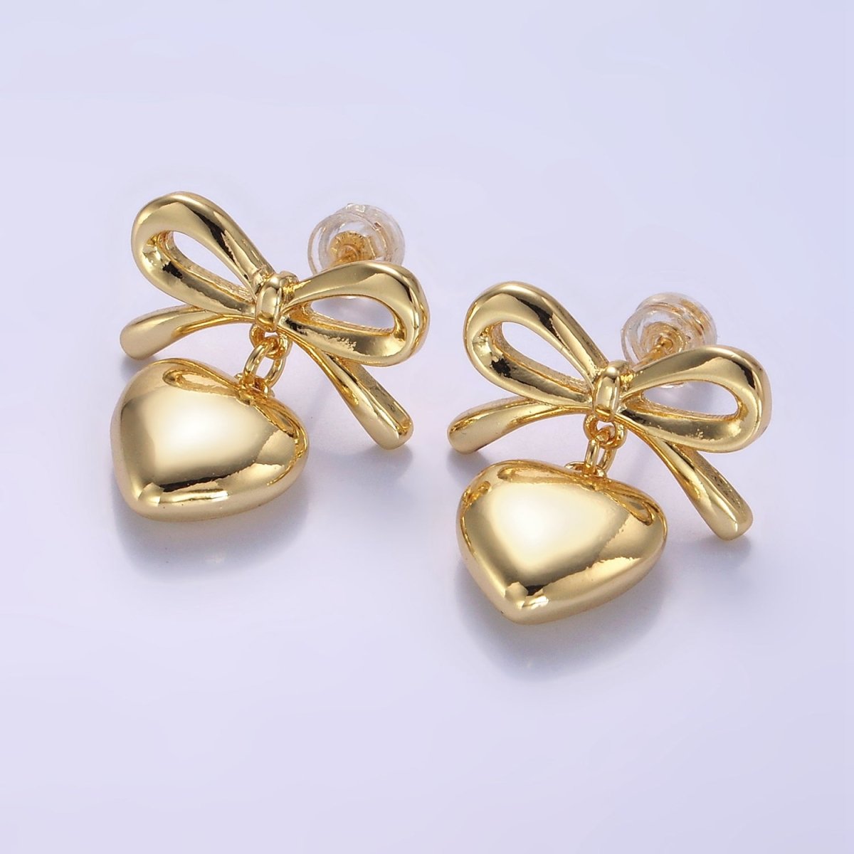 24K Gold Filled Heart Drop Ribbon Bow Stud Earrings in Gold & Silver | V069 V070