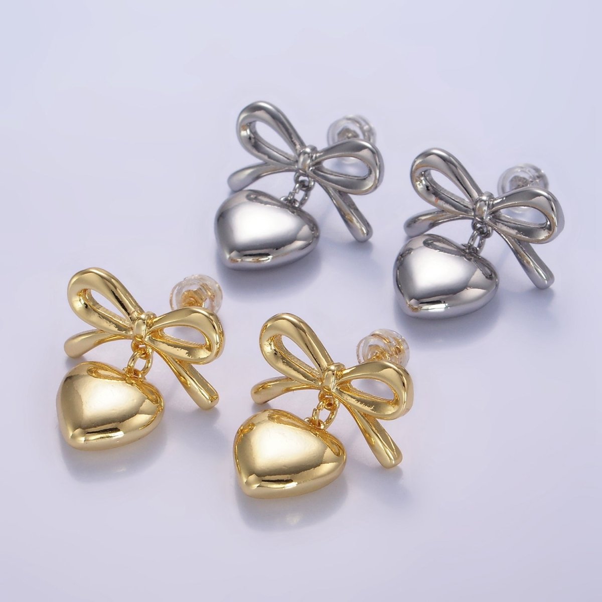 24K Gold Filled Heart Drop Ribbon Bow Stud Earrings in Gold & Silver | V069 V070