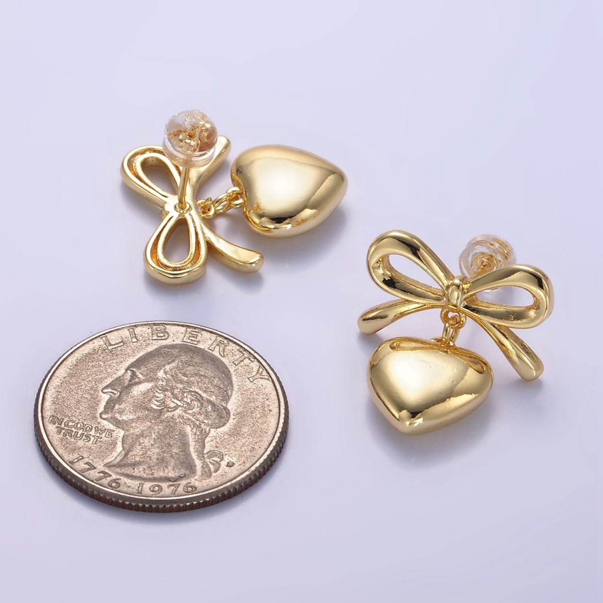 24K Gold Filled Heart Drop Ribbon Bow Stud Earrings in Gold & Silver | V069 V070