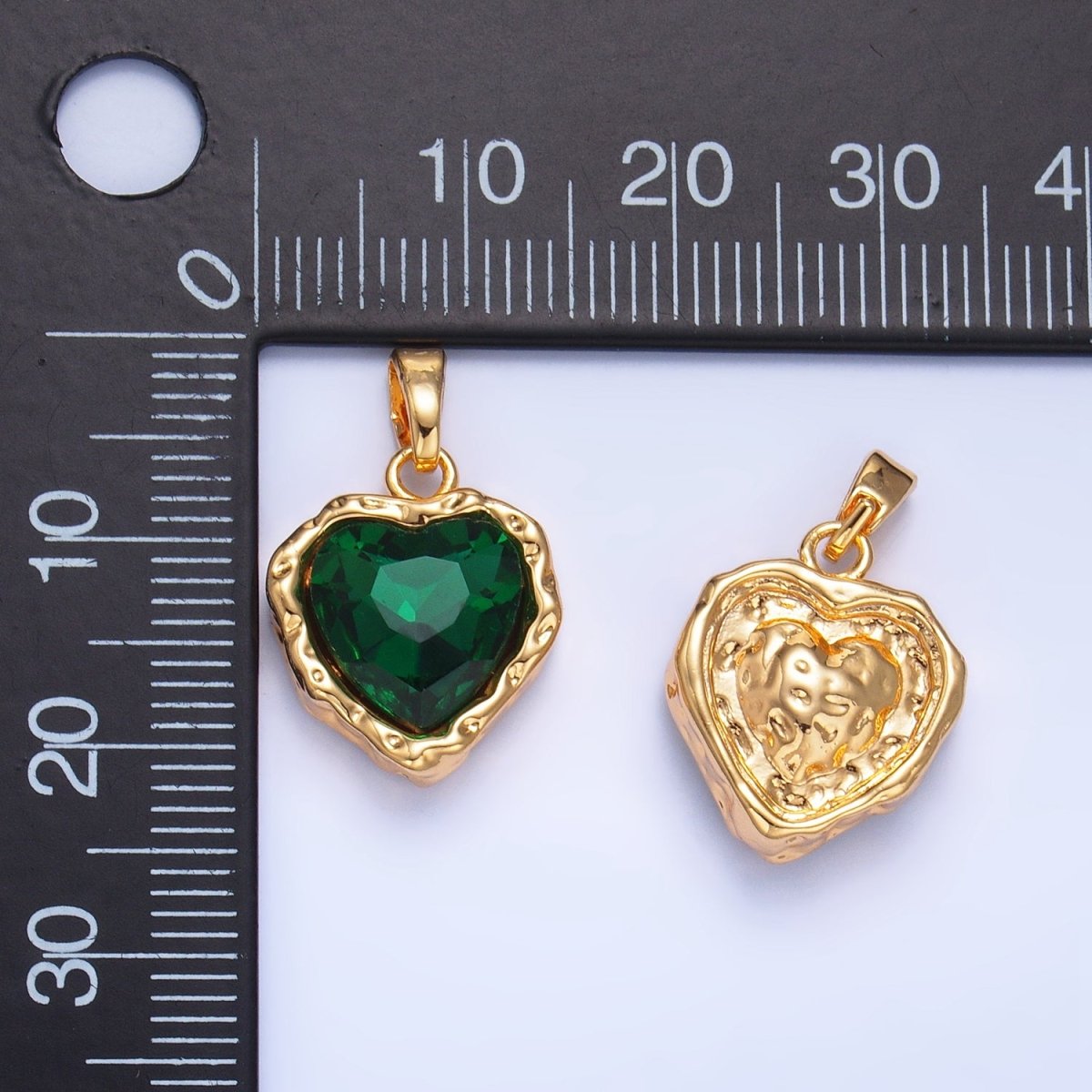 24K Gold Filled Heart Green CZ Molten Hammered Bezel Pendant | AA1194 - DLUXCA