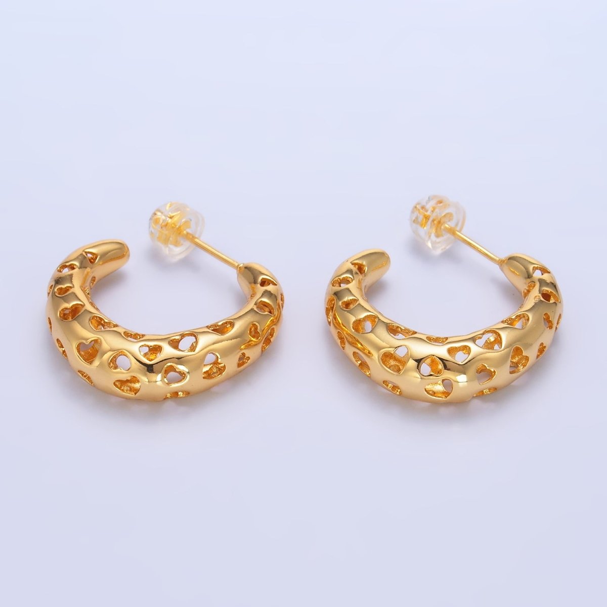 24K Gold Filled Heart Open Filigree C - Shaped Hoop Earrings | AB738 - DLUXCA